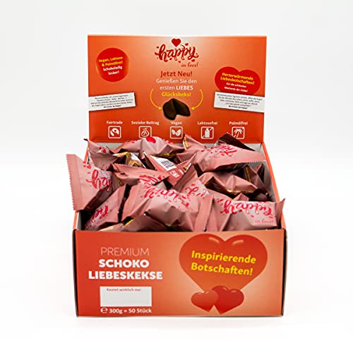 Happy in love - 50er Box - der neue premium Schoko Liebeskeks - vegane, palmölfreie, fairtrade Schokoglückskekse mit Liebestexten von Happy