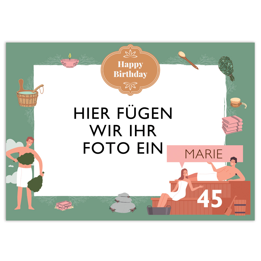 Tortenbild „Sauna“ Zum Geburtstag Name + Alter, eckig, essbar von Happygoods GmbH