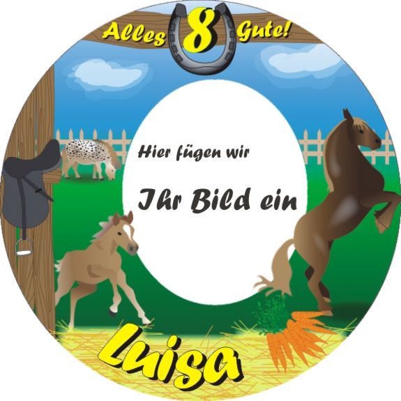 Tortenaufleger Pferde Geburtstag mit Foto, Name u. Alter – rund von Happygoods GmbH