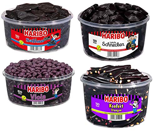 4 Dosen Haribo Lakritz Mischung Salino, Schnecken, Viola und Konfektstangen (2x 1200g, 1x 1148g) 1500g, 1x von CandyFrizz Selection