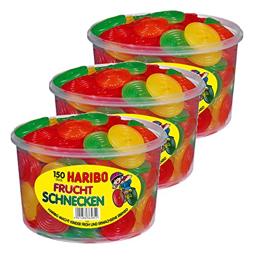 Haribo Fruchtschnecken, 3er Set, Gummibärchen, Weingummi, Fruchtgummi, 150 Stück, 1200g Dose von HARIBO