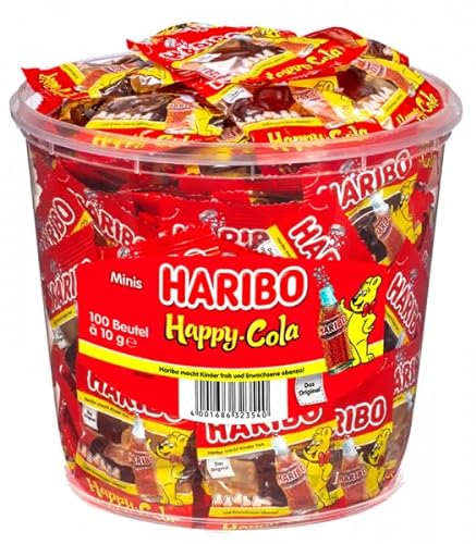 Haribo Happy Cola Mini-Beutel, Runddose, 400 Stück (4 x 980g) von HARIBO