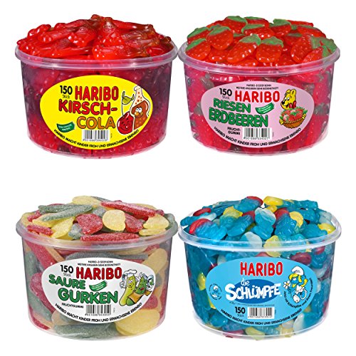 HARIBO Probierset Gelatinfrei 4-er Pack: Kirsch-Cola, Riesen-Erdbeeren, Saure Gurken, Schlümpfe von HARIBO