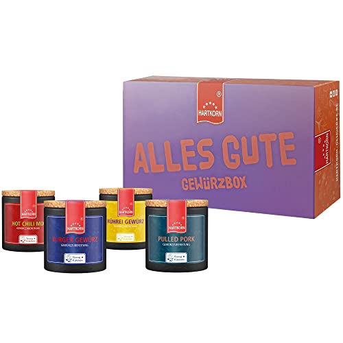 Hartkorn - Gewürzbox für Männer - Alles Gute (4-teilig) Young Kitchen (Burger Gewürz, Hot Chili Mix, Rührei Gewürz, Pulled Pork) - Geschenkset für Köche & Griller von Hartkorn