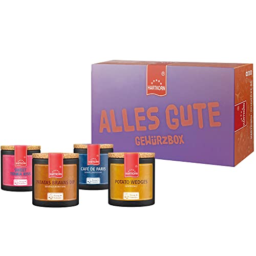 Hartkorn - Gewürzbox für Frauen - Alles Gute (4-teilig) Young Kitchen (Sweet Tonka Kiss, Café de Paris, Patatas Bravas Dip, Potato Wedges) - Geschenkset für Köchinnen & Bäckerinnen von Hartkorn