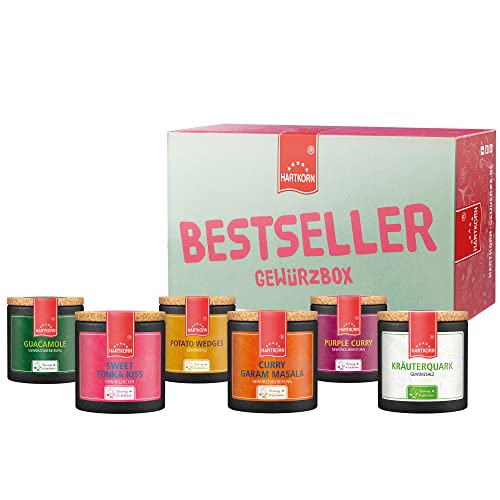 Hartkorn - Bestseller Gewürzbox (6-teilig) Young Kitchen (Curry Garam Masala, Sweet Tonka Kiss, Kräuterquark, Guacamole, Potato Wedges, Purple Curry) - Geschenkset für Männer und Frauen von Hartkorn