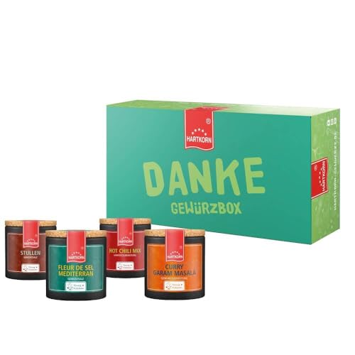 Hartkorn - Danke Gewürzbox (4-teilig) - Basics - Young Kitchen (Curry Garam Masala, Fleur de Sel mediterran, Pfeffer Mélange, Stullen Gewürzsalz) - Geschenkset von Hartkorn