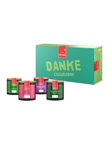 Hartkorn - Danke Gewürzbox (4-teilig) - Gemeinsame Zeit - Young Kitchen (Magic Dust, Pizza Gewürz, Sweet Tonka Kiss Gewürz, Guacamole Gewürz) - Geschenkset von Hartkorn