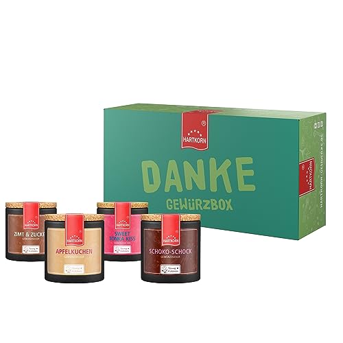 Hartkorn - Danke Gewürzbox (4-teilig) - Süße Verführung - Young Kitchen (Sweet Tonka Kiss Gewürz, Schoko-Schock Gewürzzucker, Apfelkuchen Gewürz, Zimt & Zucker Gewürz) - Geschenkset von Hartkorn