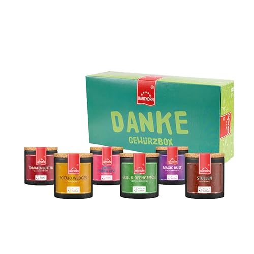 Hartkorn Gewürze - Ein zauberhaftes Danke Gewürzbox (6-teilig) Young Kitchen (Sweet Tonka Kiss, Tomatenbutter, Potato Wedges, Grill & Ofengemüse, Magic Dust, Stullen) - Danke Geschenkset von Hartkorn