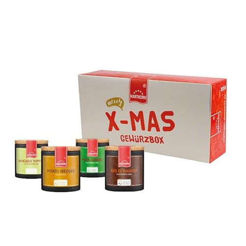 Hartkorn Gewürze - Gemütliche Weihnachten X-Mas Gewürzbox (4-teilig) Young Kitchen (Pizza Gewürz, Ras el Hanout, Potato Wedges, Avocado Topping) - Weihnachts Geschenkset von Hartkorn