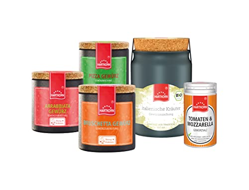 Hartkorn - Italien Gewürzset (5-teilig) Tomaten & Mozzarella-Gewürz, Arrabbiata Gewürz, Bruschetta Gewürz, Pizza Gewürz und Italienische Kräuter gerebelt von Hartkorn