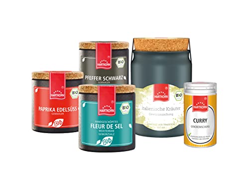 Hartkorn - Küchen Basics (5-teilig) Fleur de Sel mediterran, Paprika edelsüss gemahlen, Pfeffer schwarz gemahlen, Curry, Italienische Kräuter gerebelt von Hartkorn