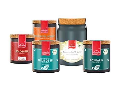 Hartkorn - Mediterranes Gewürzset (5-teilig) Fleur de Sel mediterran, Rosmarin geschnitten, Bruschetta Gewürz, Italienische Kräuter gerebelt, Bolognese von Hartkorn