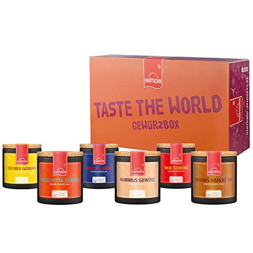 Hartkorn - Würzige Weltreise - Gewürzbox (6-teilig) Young Kitchen (Bruschetta Gewürz, Burger Gewürz, Wok Gewürz, Hummus Gewürz, Tex Mex Gewürz, Patatas Bravas Dip) - Geschenkset für Männer und Frauen von Hartkorn