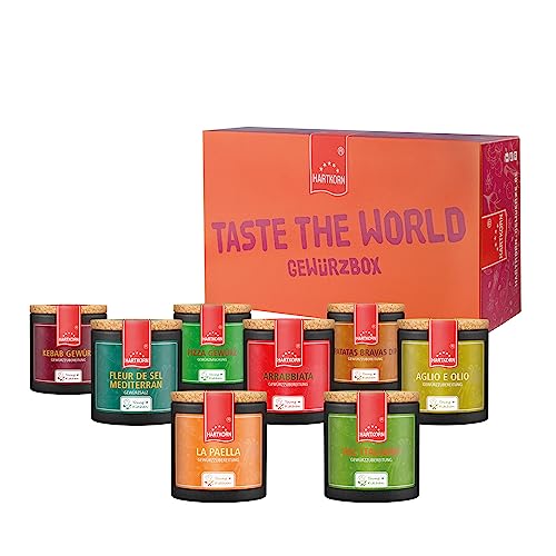 Hartkorn - Mittelmeer Gewürzbox (8-teilig) Young Kitchen (Arrabbiata Gewürz, Fleur de Sel mediterran, Pizza Gewürz, Kebab Gewürz, Patatas Bravas Dip, Aglio e Olio, All'Italiano, La Paella) von Hartkorn