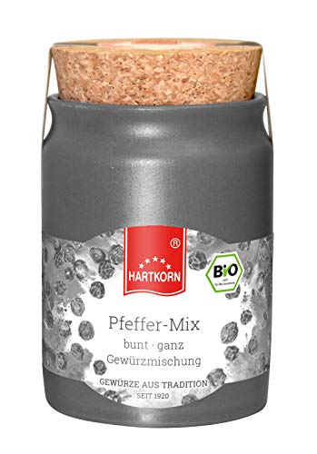 Pfeffer-Mix bunt, ganz - 75 g Bio Gewürz im Keramiktopf mit Korkdeckel von Hartkorn - wiederverschließbar und wiederbefüllbar - mit Bio Siegel Zertifiziert von Hartkorn