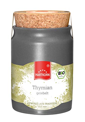 Thymian, gerebelt - 34 g Bio Gewürz im Keramiktopf mit Korkdeckel von Hartkorn - wiederverschließbar und wiederbefüllbar - mit Bio Siegel Zertifiziert von Hartkorn