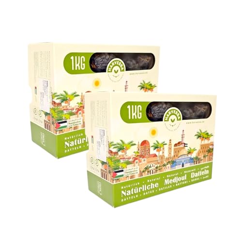 Premium Medjool Datteln 2KG aus Palästina | Medjoul Königsdatteln für Genuss und Energie | Natürlich & Ohne Konservierungsstoffe | Frisch & Vegan | Reich an Fruchtfleisch | Mit Stein | 2024 (2X 1KG) von Harvessa