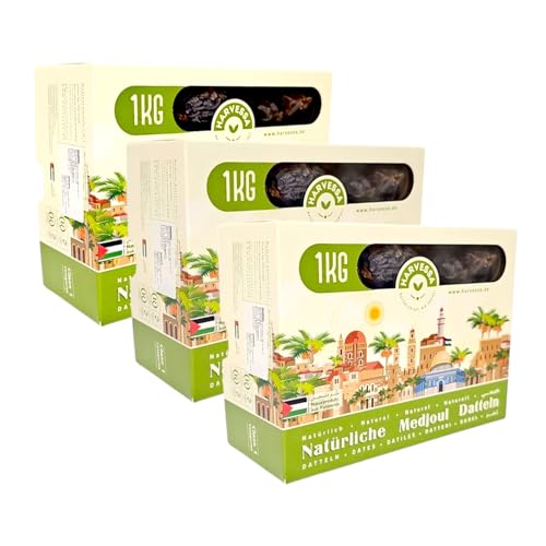 Premium Medjool Datteln 3KG aus Palästina | Medjoul Königsdatteln für Genuss und Energie | Natürlich & Ohne Konservierungsstoffe | Frisch & Vegan | Reich an Fruchtfleisch | Mit Stein | 2024 (3X 1KG) von Harvessa