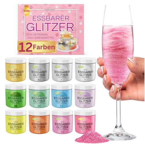 Essbarer Glitzer für Getränke und Lebensmittel 12 x 3g Edible Glitter, OHNE E171, Vegan, Glutenfrei, Laktosefrei, Zuckerfrei - Perfekter Essbarer Glitzer für jeden Anlass von He-Ju