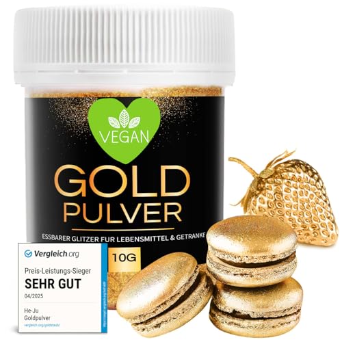 He-Ju Goldpulver essbar 10g ohne E171, essbares Glitzer für Getränke und Lebensmittel, Glitzerpulver, Lebensmittelfarbe Gold, vegan und glutenfrei, 1x 10g von He-Ju