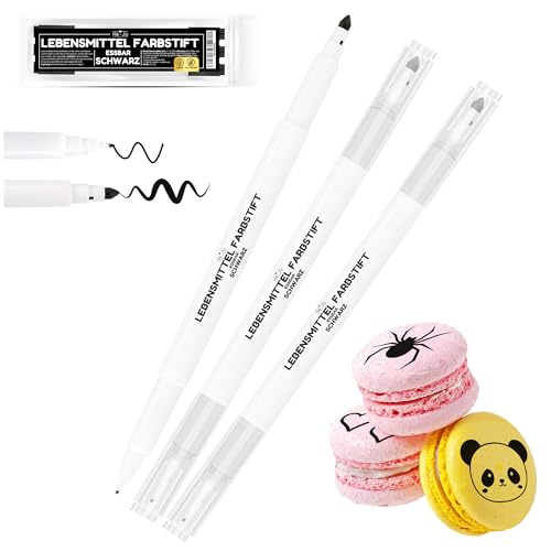 He-Ju Lebensmittelstift schwarz essbar 3er Set mit zweifacher Spitzenausführung vegan, glutenfrei, Lebensmittelfarbe schwarz zum Malen und Schreiben auf Torten & Co. (3 Stück) von He-Ju