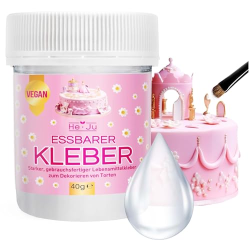 Lebensmittelkleber essbar 1x 40g, essbarer Kleber transparent und vegan (ohne Gelatine) zum Dekorieren für Motivtorten, Zuckerguss, Fondant u.v.m.glutenfrei von He-Ju