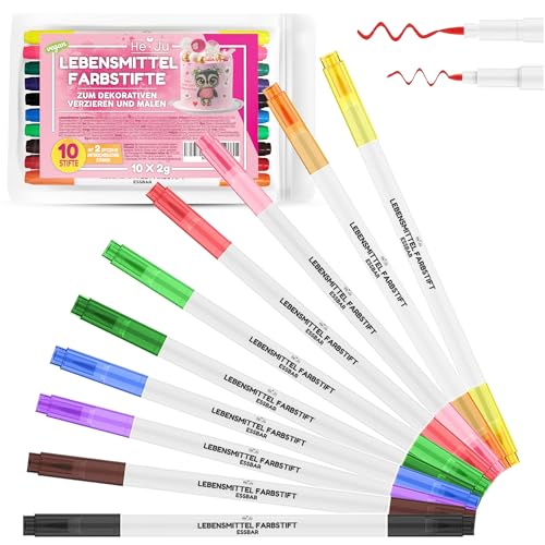 Lebensmittelstifte essbar 10er Set, Lebensmittel Stifte Set bestehend aus 10 Regenbogenfarben mit 2 Spitzen zum Malen und Schreiben auf Torten & Co., vegan und glutenfrei von He-Ju