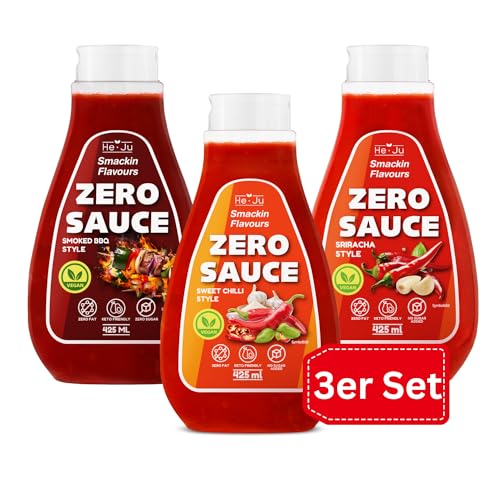 Zero Sauce, 3x 425ml Light Sauce, ohne Fett und ohne Zuckerzusatz, vegan und glutenfrei, Keto Diät geeignet (425 ml (3er Pack), Sriracha/Smoked BBQ/Sweet Chili Style) von He-Ju