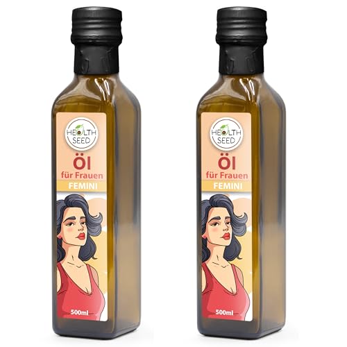Health Seed® 2x500 / 1000 ml - Femini Öl für Frauen - Nachtkerzenöl Leinöl Hanföl Kürbiskernöl - 100% Rein Ungefiltert Kaltgepresst Glasflasche von Health Seed