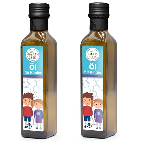 Health Seed® 2x500 / 1000 ml - Öl für Kinder - Leinöl Schwarzkümmelöl Kürbiskernöl Nachtkerzenöl - 100% Rein Ungefiltert Kaltgepresst Glasflasche von Health Seed