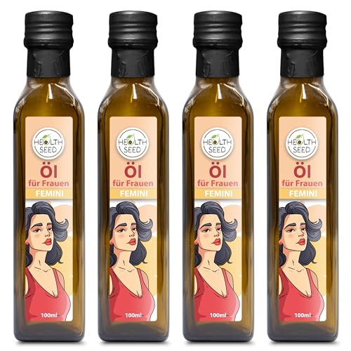 Health Seed® 4x100 / 400 ml - Femini Öl für Frauen - Nachtkerzenöl Leinöl Hanföl Kürbiskernöl - 100% Rein Ungefiltert Kaltgepresst Glasflasche von Health Seed