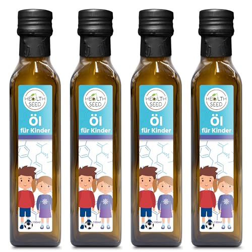 Health Seed® 4x100 / 400 ml - Öl für Kinder - Leinöl Schwarzkümmelöl Kürbiskernöl Nachtkerzenöl - 100% Rein Ungefiltert Kaltgepresst Glasflasche von Health Seed