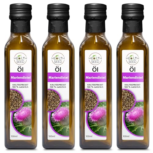 Health Seed® 4x100 / 400 ml - Ungefiltert Mariendistelöl mit Silymarin - Kaltgepresst Glasflasche - Frisch vom Hersteller von Health Seed