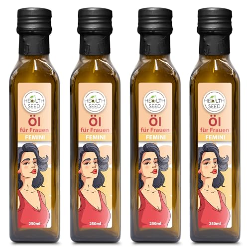 Health Seed® 4x250 / 1000 ml - Femini Öl für Frauen - Nachtkerzenöl Leinöl Hanföl Kürbiskernöl - 100% Rein Ungefiltert Kaltgepresst Glasflasche von Health Seed