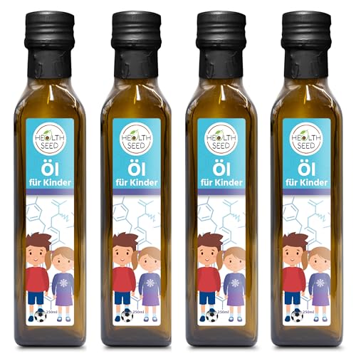 Health Seed® 4x250 / 1000 ml - Öl für Kinder - Leinöl Schwarzkümmelöl Kürbiskernöl Nachtkerzenöl - 100% Rein Ungefiltert Kaltgepresst Glasflasche von Health Seed