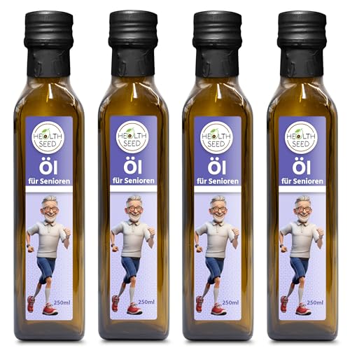 Health Seed® 4x250 / 1000 ml - Öl für Senioren - Leinöl Walnussöl Mariendistelöl Schwarzkümmelöl - 100% Rein Ungefiltert Kaltgepresst Glasflasche von Health Seed