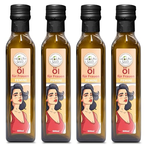Health Seed® 4x500 ml / 2 Liter - Femini Öl für Frauen - Nachtkerzenöl Leinöl Hanföl Kürbiskernöl - 100% Rein Ungefiltert Kaltgepresst Glasflasche von Health Seed