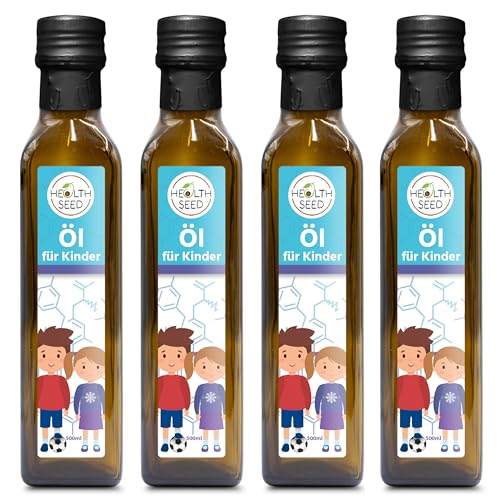 Health Seed® 4x500 ml / 2 Liter - Öl für Kinder - Leinöl Schwarzkümmelöl Kürbiskernöl Nachtkerzenöl - 100% Rein Ungefiltert Kaltgepresst Glasflasche von Health Seed