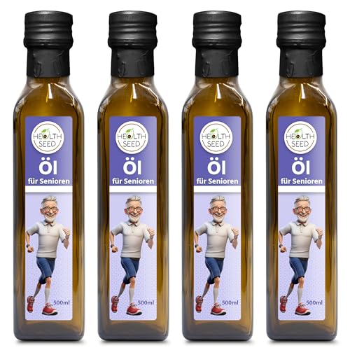 Health Seed® 4x500 ml / 2 Liter - Öl für Senioren - Leinöl Walnussöl Mariendistelöl Schwarzkümmelöl - 100% Rein Ungefiltert Kaltgepresst Glasflasche von Health Seed