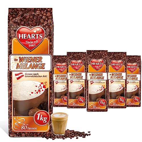 HEARTS Cappuccino Wiener Melange, 5 x 1kg lnstant Kaffeepulver Wiener Art, löslich, milchig, cremig, 5er Vorratspackung, reicht für 400 Tassen von HEART's