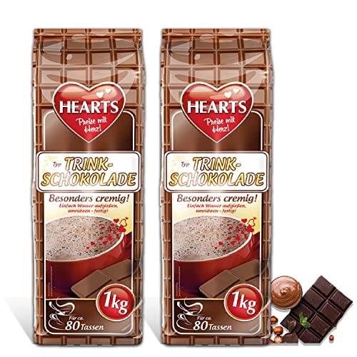 HEARTS Typ Trinkschokolade, 2er Pack, 2 x 1 kg, ca. 80 Portionen pro Beutel, fettreduziert, besonders cremig, Instant Pulver für Trinkschokolade im Vorratsbeutel von HEART's