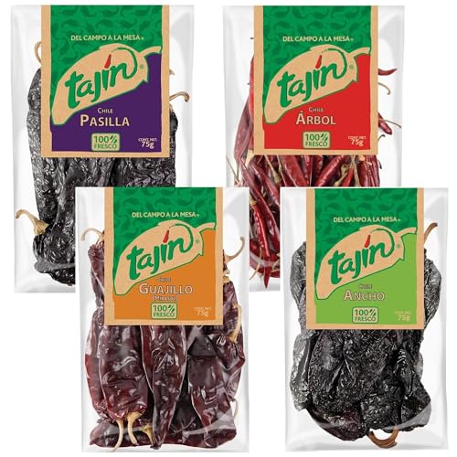 Tajin Authentic Mexican Chilli Bundle Containing 4 types of 75g Whole Dried Chillies - Guajillo, Ancho, Pasilla and Arbol von Heavenly Homeware