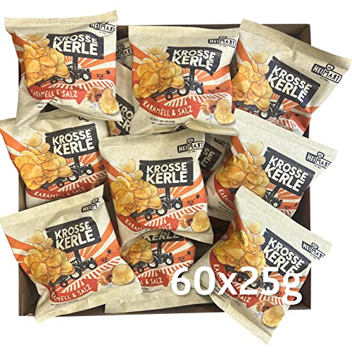 Krosse Kerle Chips | HeiMart | Mini - kleine Tüten | Karamell & Salz | 60er Box | regional | glutenfrei | vegetarisch | 60 x 25g Krosse Kerle Chips | HeiMart | Mini - kleine Tüten | Karamell & Salz | 60er Box | regional | glutenfrei | vegetarisch | 60 x 25g von HeiMart