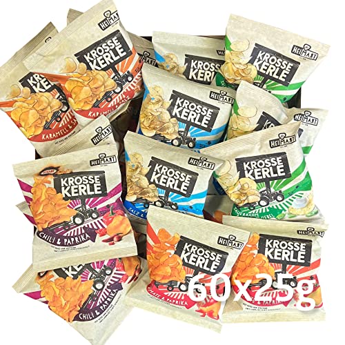 Krosse Kerle Chips | HeiMart | Mini - kleine Tüten | Sorten Mix | 60er Box | regional | glutenfrei | vegetarisch | 60 x 25g von HeiMart