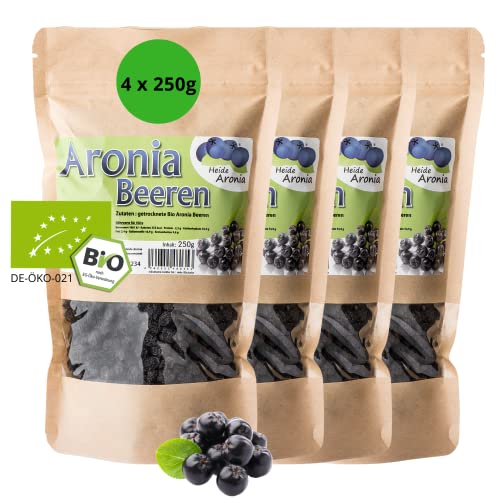 Heide Aronia Bio Aroniabeeren getrocknet 4x 250g I Trockenobst Bio I Getrocknete Früchte I Kontrolliert biologischer Anbau I ohne Zusatzstoffe & Aromen I Aroniabeeren aus deutscher Ernte von Heide Aronia