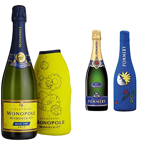Monopole Heidsieck Blue Top Brut Champagner mit gelber Neoprenkühlmanschette (1 x 0,75 l) & Brut Royal Champagner mit kühlender Neopren Icejacket Matta Mond (1 x 0.75 l) von Heidsieck & Co. Monopole