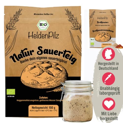 HeldenPilz® | FRISCHER BIO SAUERTEIG | Set zum Brotbacken + Geschenk | knuspriges Brot selber machen inkl. Anleitung und Rezepten | 100% natürliche Zutaten | Bio nachhaltig und plastikfrei verpackt von HeldenPilz