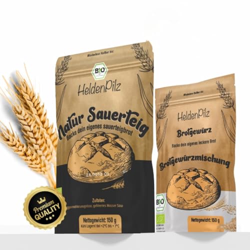 HeldenPilz® | FRISCHER BIO SAUERTEIG | Set zum Brotbacken + Geschenk | knuspriges Brot selber machen inkl. Anleitung und Rezepten | 100% natürliche Zutaten | Bio nachhaltig und plastikfrei verpackt von HeldenPilz